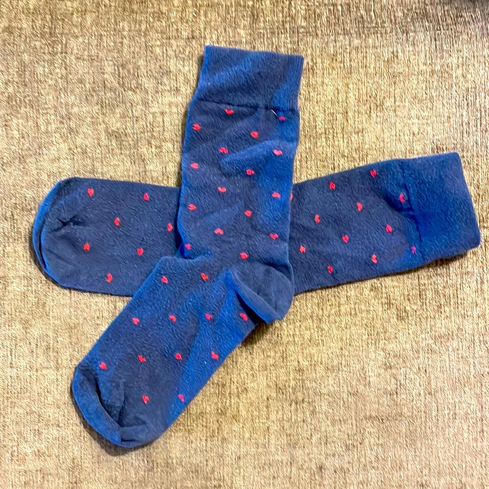Blue crew socks with red hearts design by J. Crew